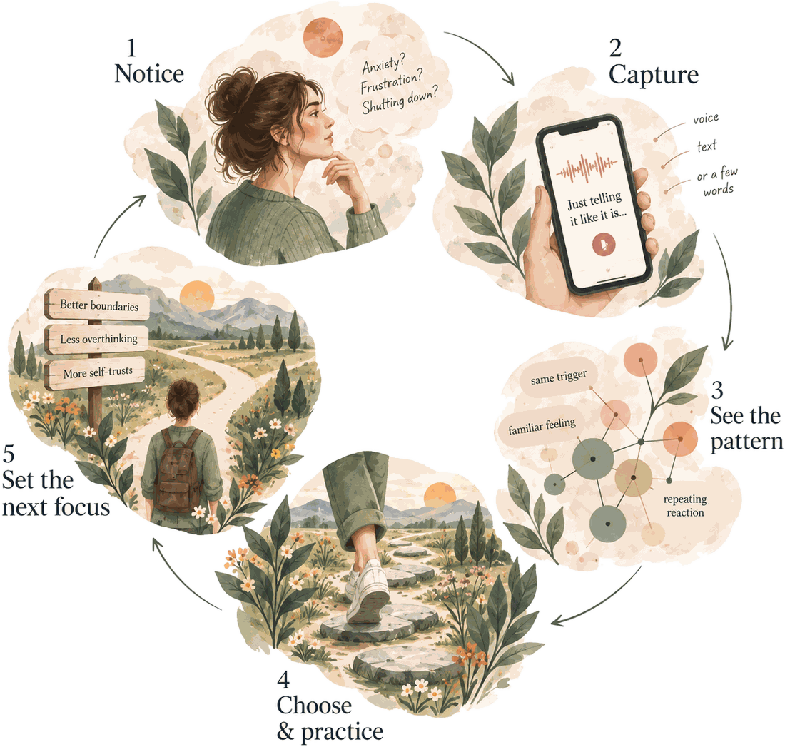 The Mosena loop as five watercolour scenes in a circle, labelled 1 Notice,
                  2 Capture, 3 See the pattern, 4 Choose and practice, 5 Set the next focus:
                  a woman pausing mid-thought, a hand holding a phone recording a voice note,
                  separate moments drawn together by threads, feet crossing stepping stones,
                  and a walker facing a signpost at a fork in the path.