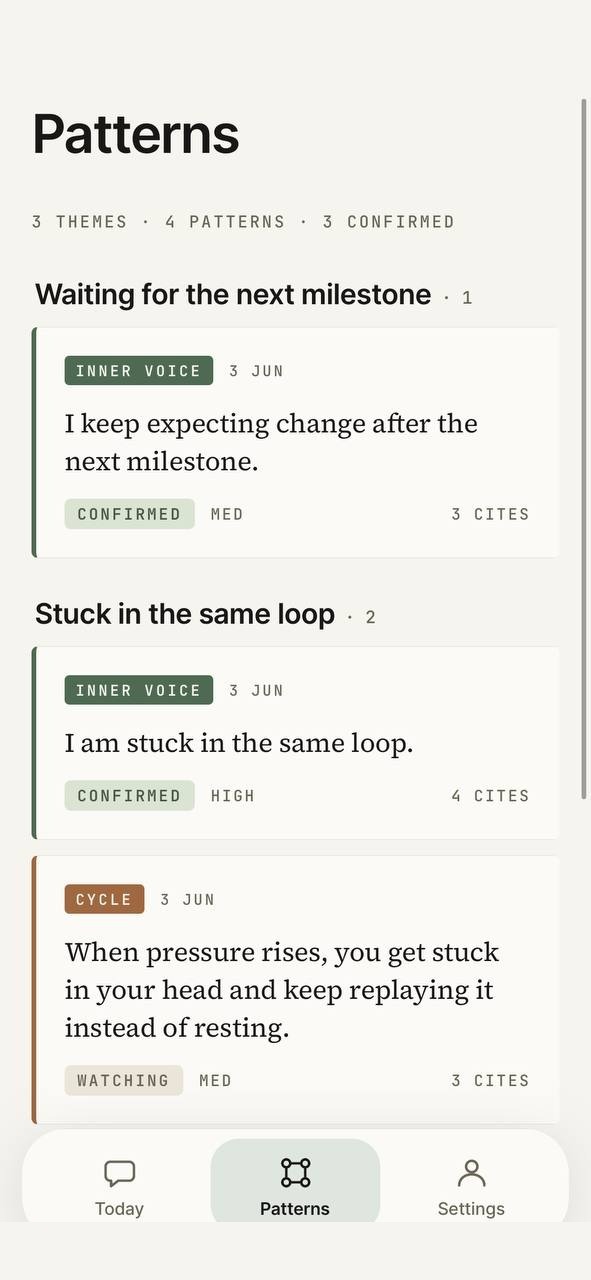 The Patterns screen: recurring patterns grouped by theme, each backed by a count of quotes from your own writing.