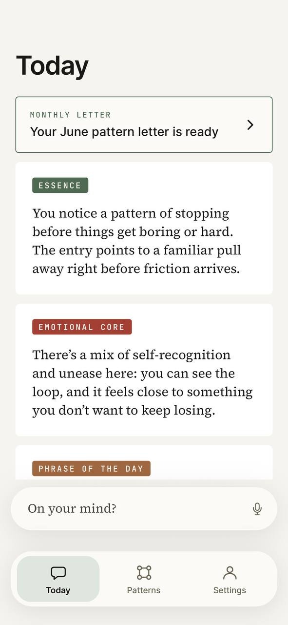 The Today screen: a calm space to write what's on your mind, with the day's short reflection above it.